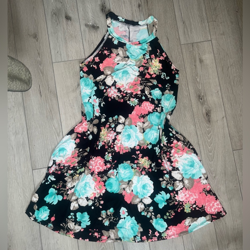 Black Floral Halter Dress - Mint & Coral Flowers